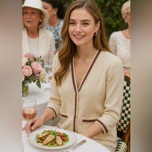 Vintage St. John Ivory Posh Cardigan with Burgundy Trim S